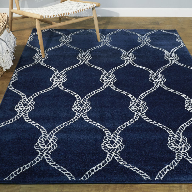 Navy and White Synthetic Trellis Kids Rug, 5'3" x 7'