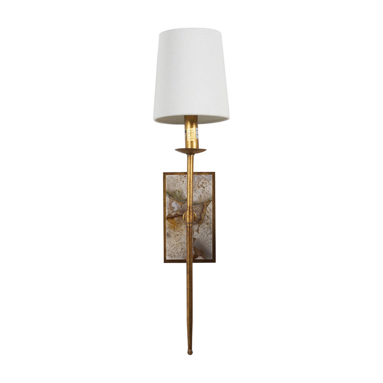 Gilded Gold Torch Style Sconce with White Linen Shade