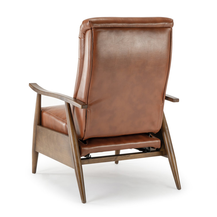 Caramel Mid-Century Modern Faux Leather Recliner with Wooden Arms