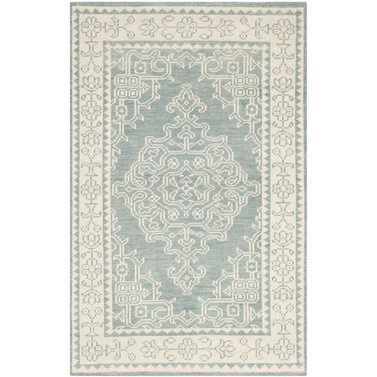Ivory and Blue Hand-Knotted Wool Rectangular Area Rug