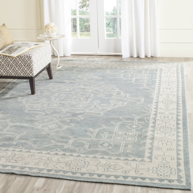 Ivory and Blue Hand-Knotted Wool Rectangular Area Rug