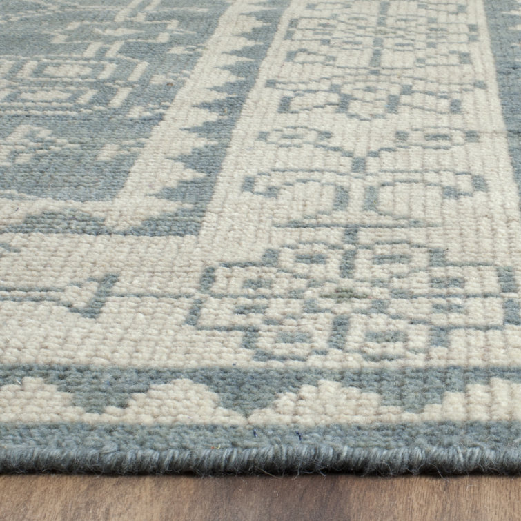Ivory and Blue Hand-Knotted Wool Rectangular Area Rug