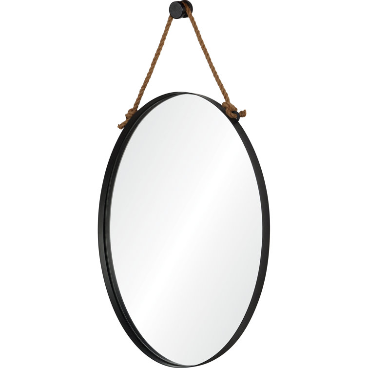 Black Oval Iron Wall Mirror with Hemp Rope
