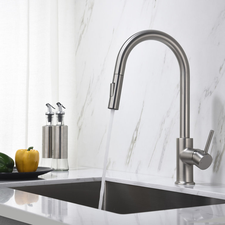 Brushed Nickel Single Handle Pull-Out Kitchen Faucet with Soap Dispenser