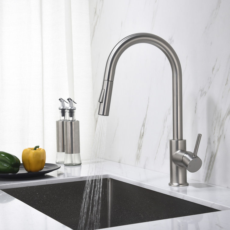 Brushed Nickel Single Handle Pull-Out Kitchen Faucet with Soap Dispenser