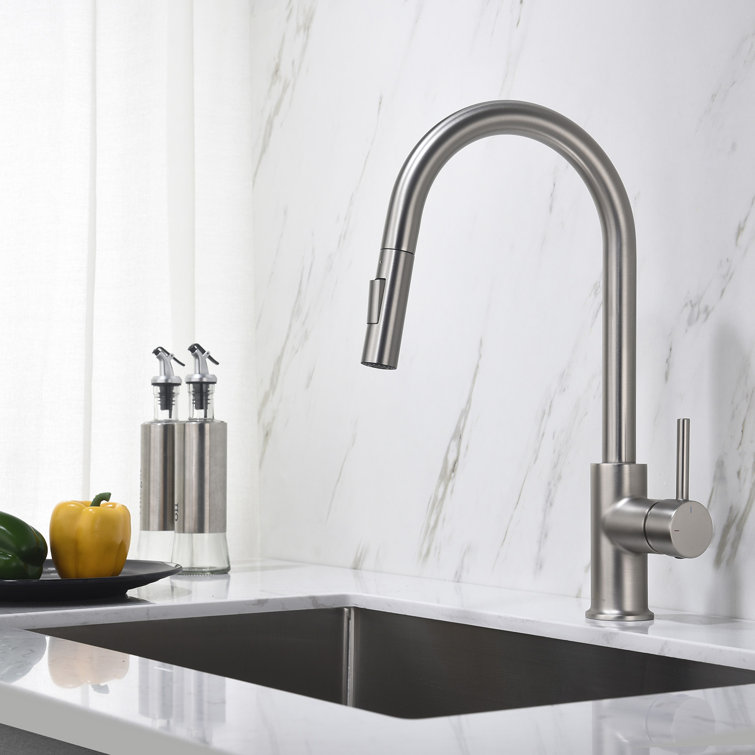 Brushed Nickel Single Handle Pull-Out Kitchen Faucet with Soap Dispenser