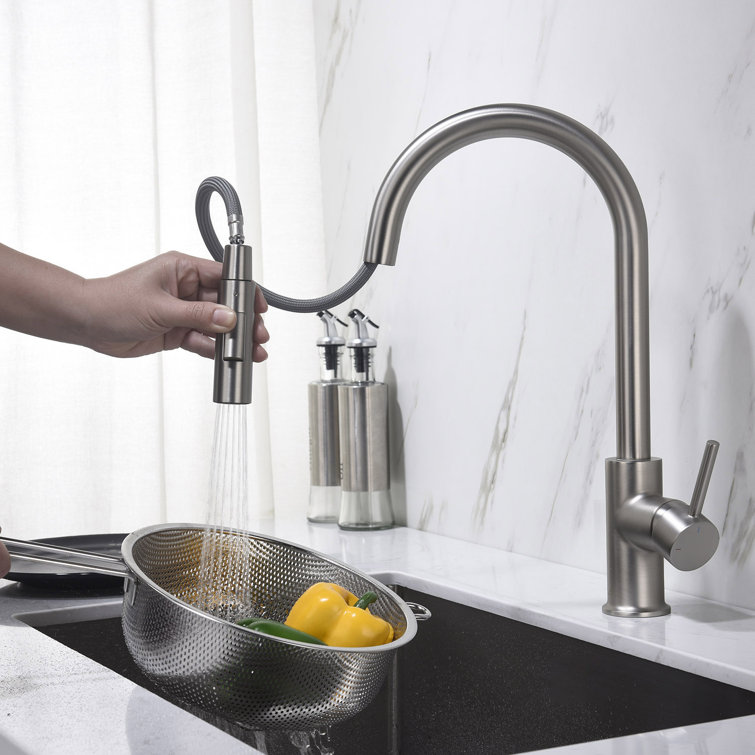 Brushed Nickel Single Handle Pull-Out Kitchen Faucet with Soap Dispenser