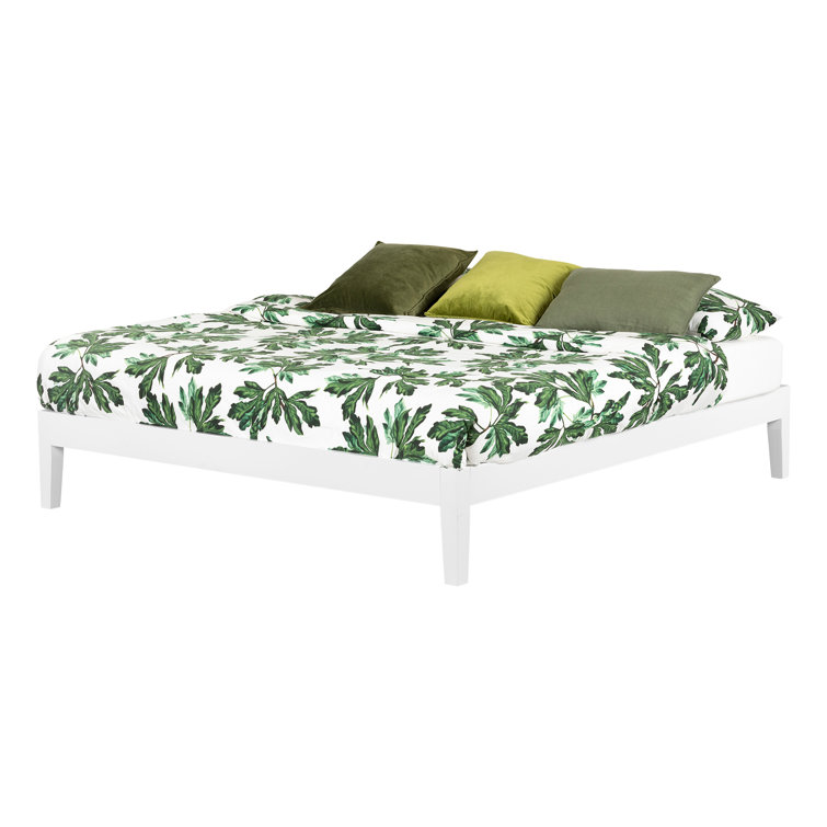 Pure White Solid Wood Queen Platform Bed with Upholstered Slats