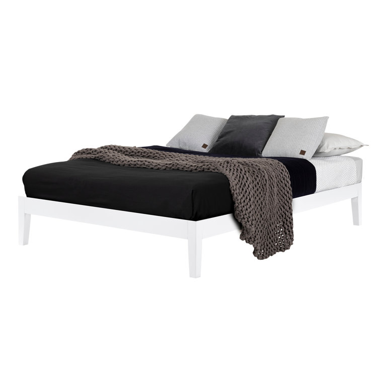 Pure White Solid Wood Queen Platform Bed with Upholstered Slats