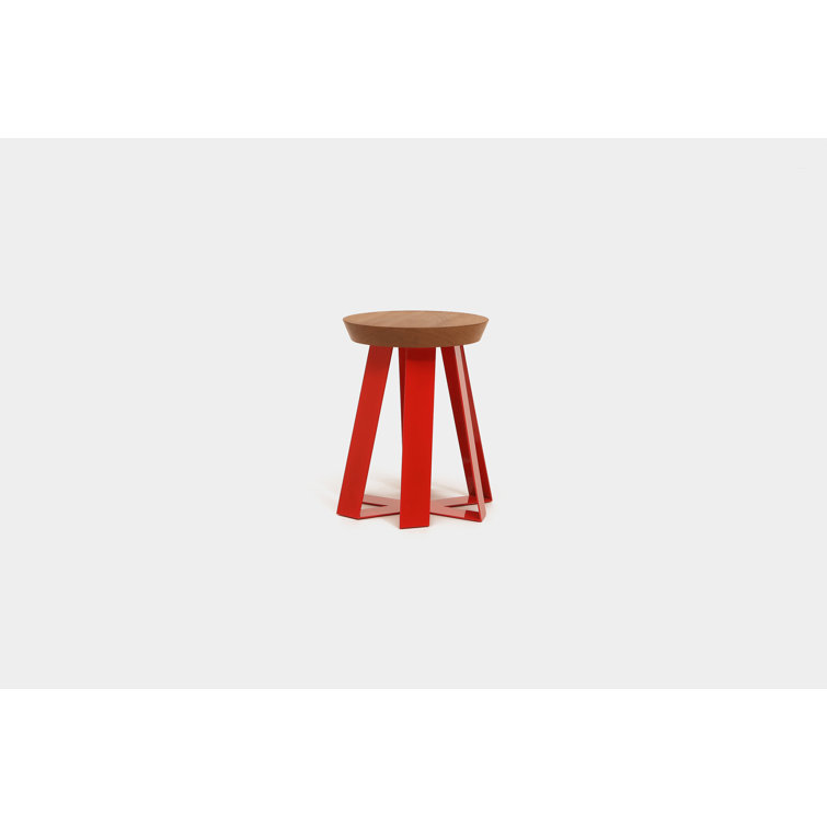 Oak and Red Round Pedestal End Table with Metal Base
