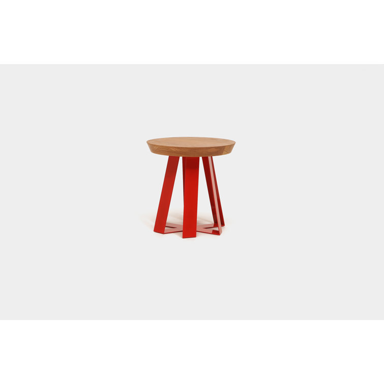 Oak and Red Round Pedestal End Table with Metal Base
