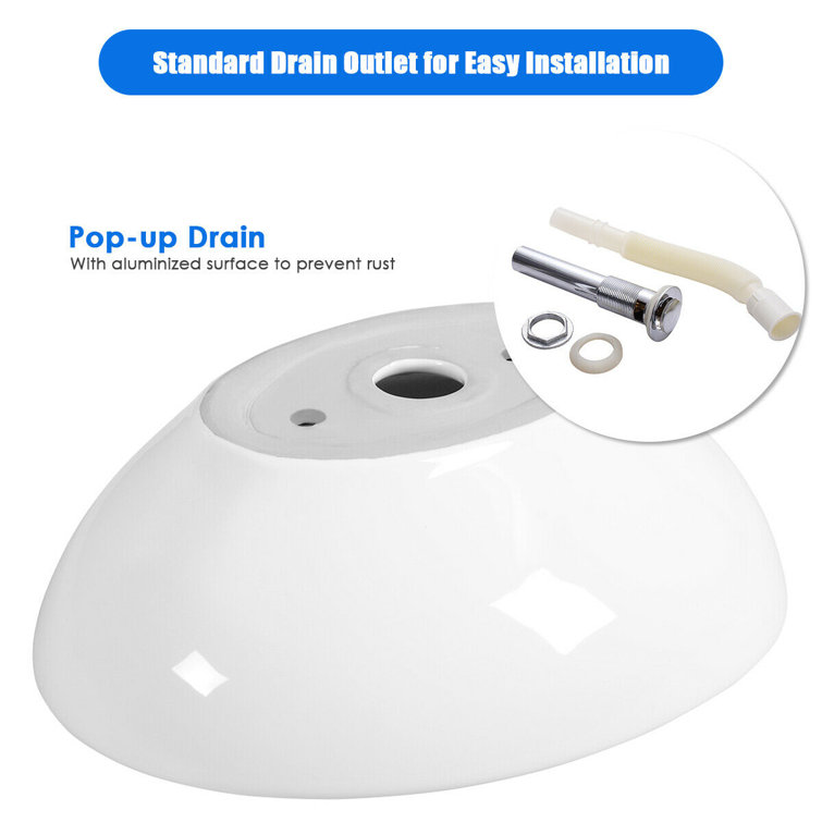White Ceramic Oval Countertop Bathroom Sink with Pop-Up Drain