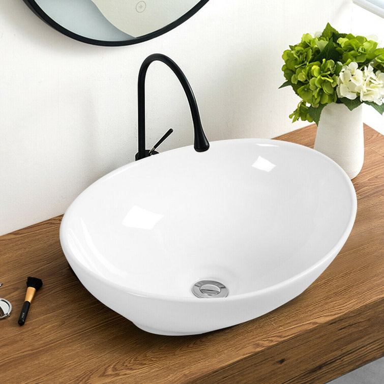 White Ceramic Oval Countertop Bathroom Sink with Pop-Up Drain