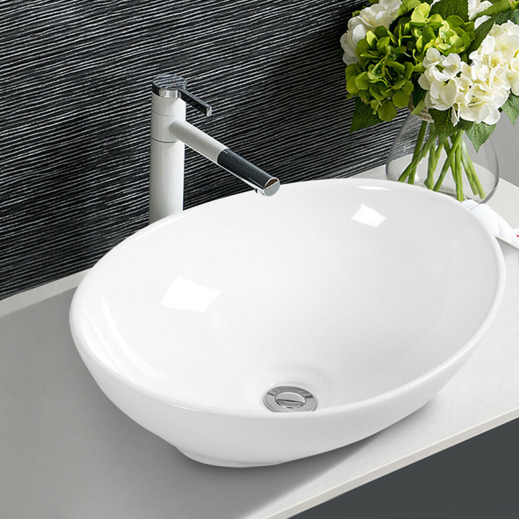 White Ceramic Oval Countertop Bathroom Sink with Pop-Up Drain