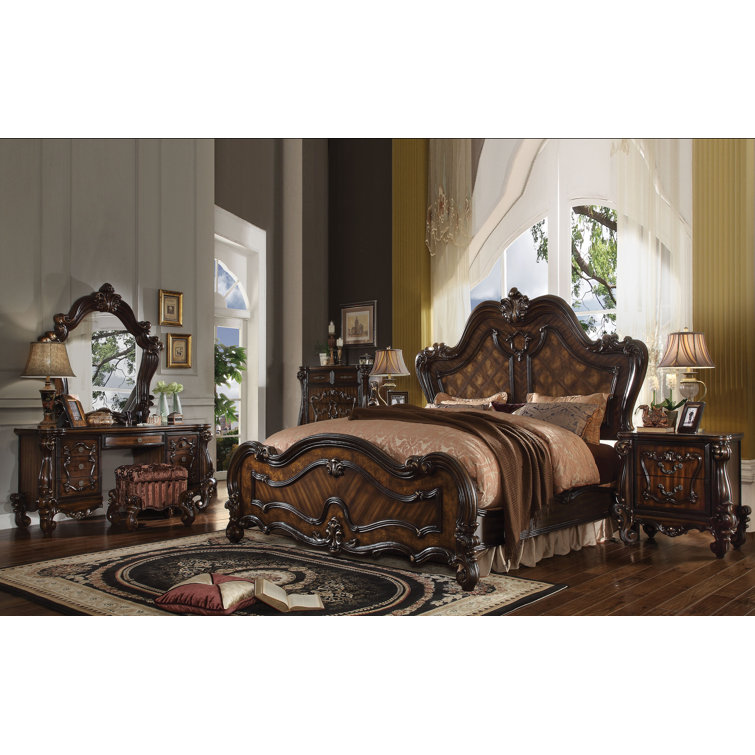 Cherry Oak Brown Tufted Fabric Vanity Stool with Scrolled Legs