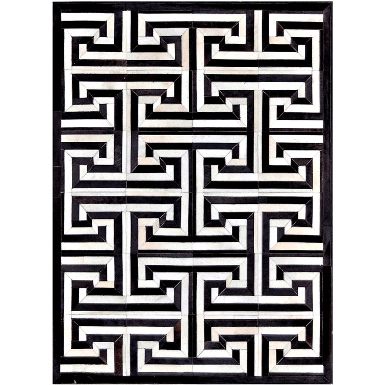 Handmade Black and White Geometric Cowhide Rug 4' x 6'