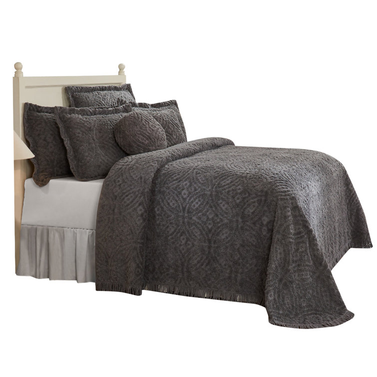 Gray Full Cotton Chenille Tufted Bedspread Set with Shams