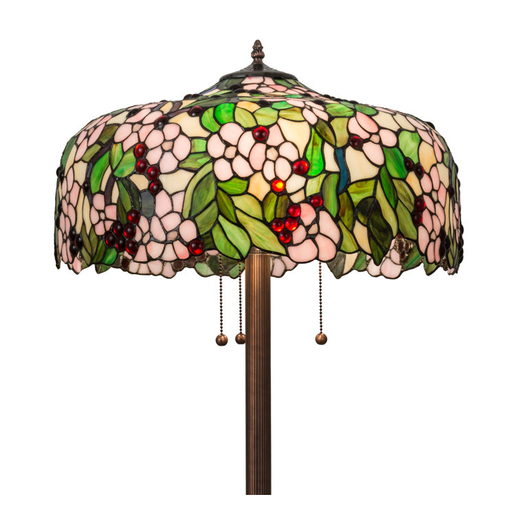 63" Cherry Blossom Stained Glass Floor Lamp with Bronze Base