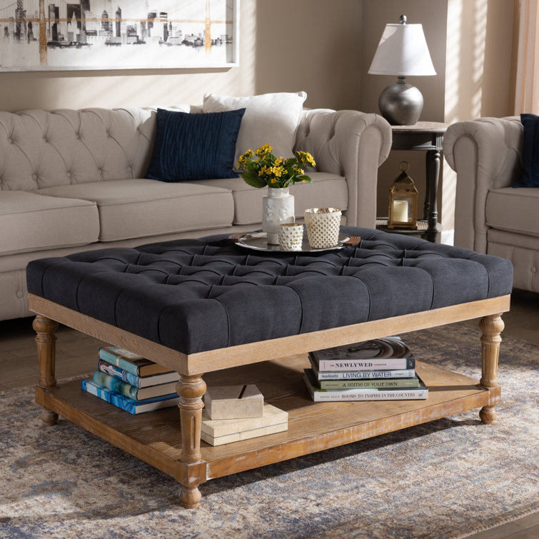 Charcoal Linen Fabric Tufted Cocktail Ottoman with Storage Shelf