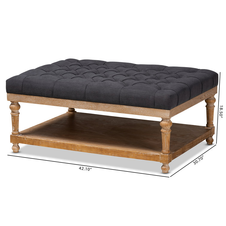 Charcoal Linen Fabric Tufted Cocktail Ottoman with Storage Shelf