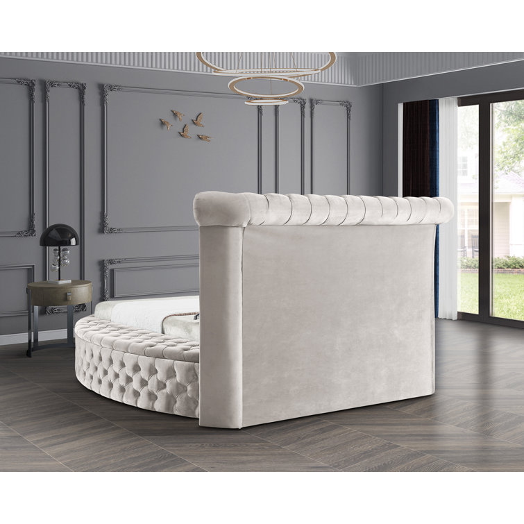 Cream Velvet Queen Bed with Tufted Upholstery and Storage