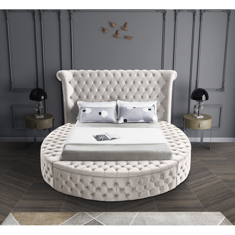 Cream Velvet Queen Bed with Tufted Upholstery and Storage