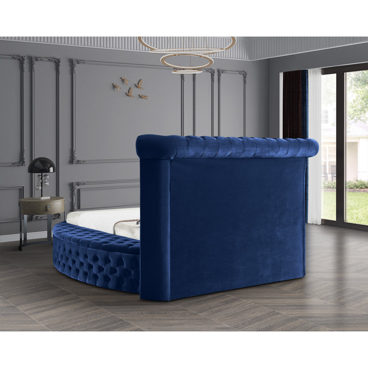 Luxus Navy Velvet Queen Bed with Tufted Upholstered Headboard