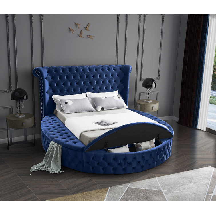 Luxus Navy Velvet Queen Bed with Tufted Upholstered Headboard