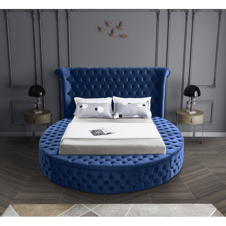 Luxus Navy Velvet Queen Bed with Tufted Upholstered Headboard