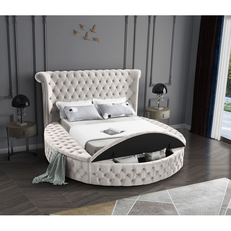 Cream Velvet Queen Bed with Tufted Upholstery and Storage