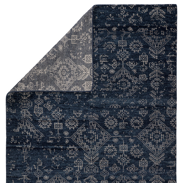 Azuma Deep Blue and Light Gray Hand-Knotted Wool Area Rug 8' x 10'