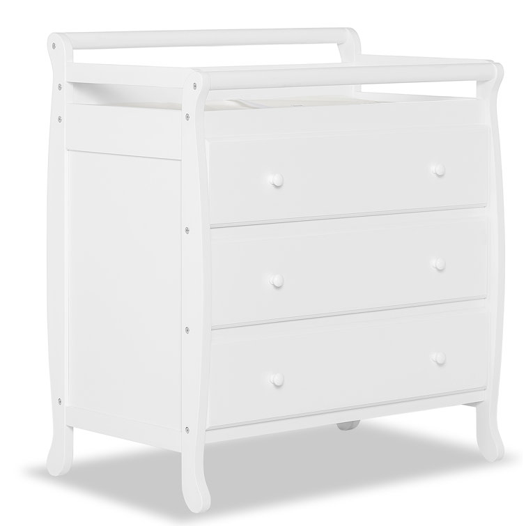 White Classic Sleigh 3-Drawer Changing Table with Safety Strap