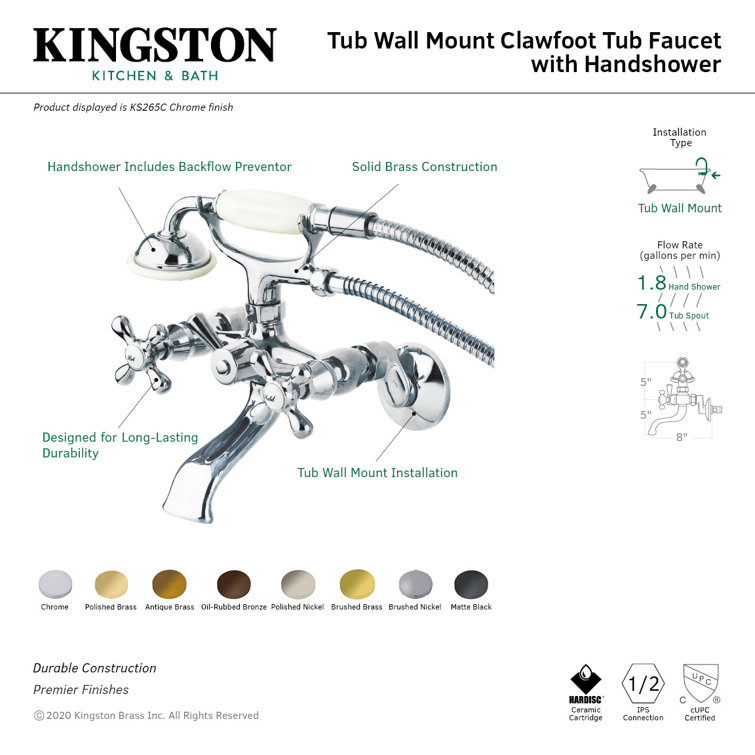 Brushed Brass Wall Mount Clawfoot Tub Faucet with Hand Shower