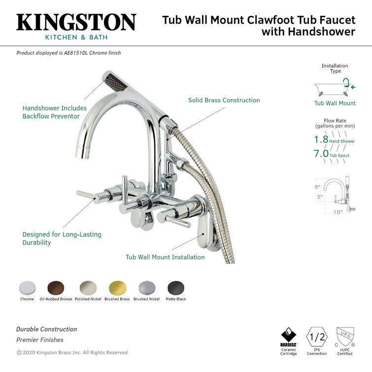 Brushed Brass Wall Mount Tub Faucet with Hand Shower