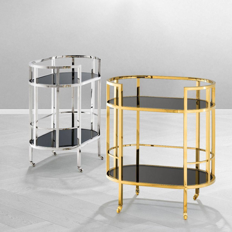 Silver Stainless Steel Bar Cart with Black Glass Shelves