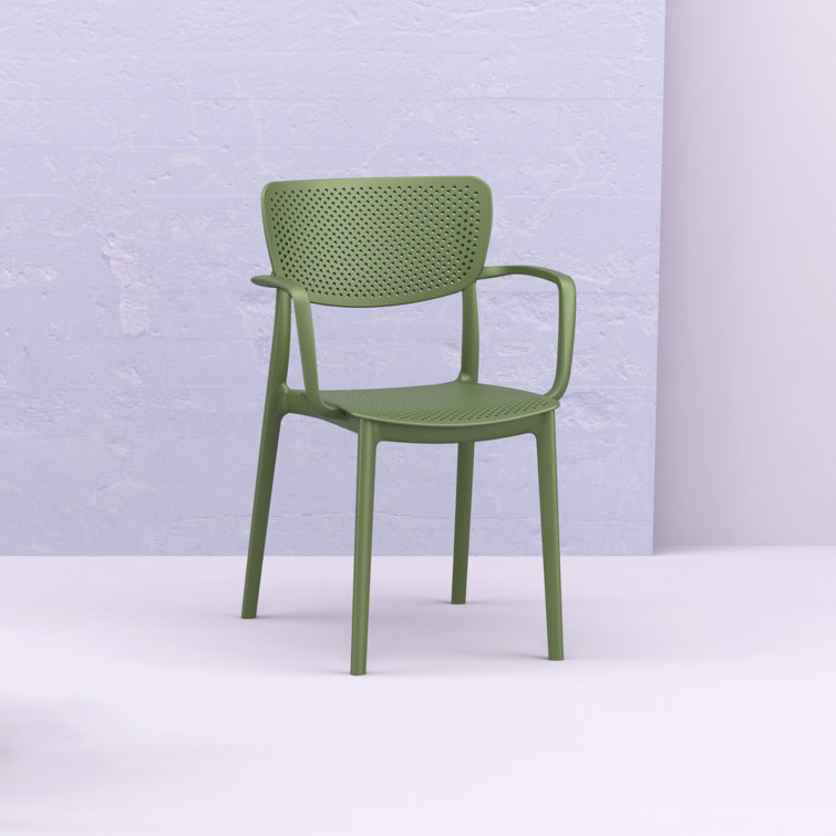 Olive Green Plastic Resin Stackable Outdoor Dining Chairs, Set of 2