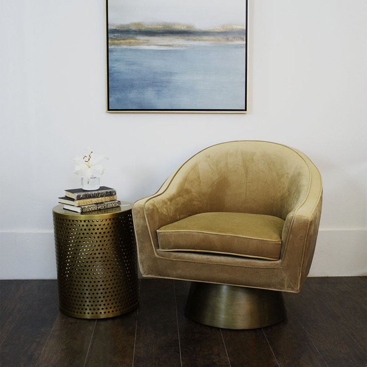 Camel Velvet Swivel Barrel Chair with Metal Frame