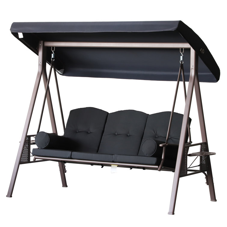 Black Steel Outdoor Patio Swing with Cushions and Canopy