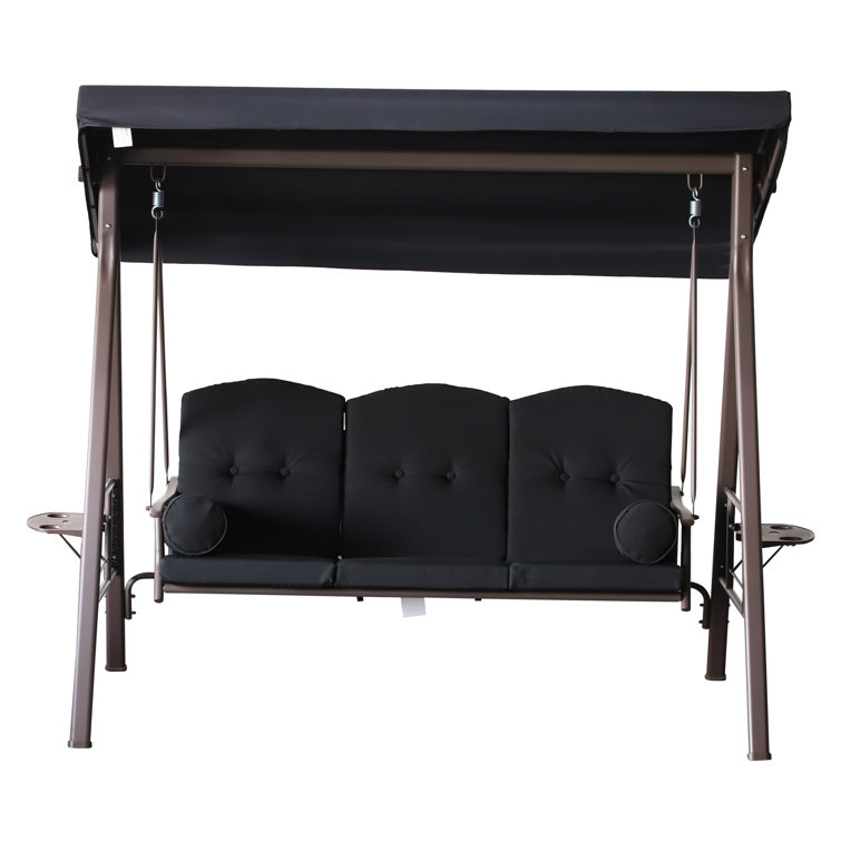 Black Steel Outdoor Patio Swing with Cushions and Canopy