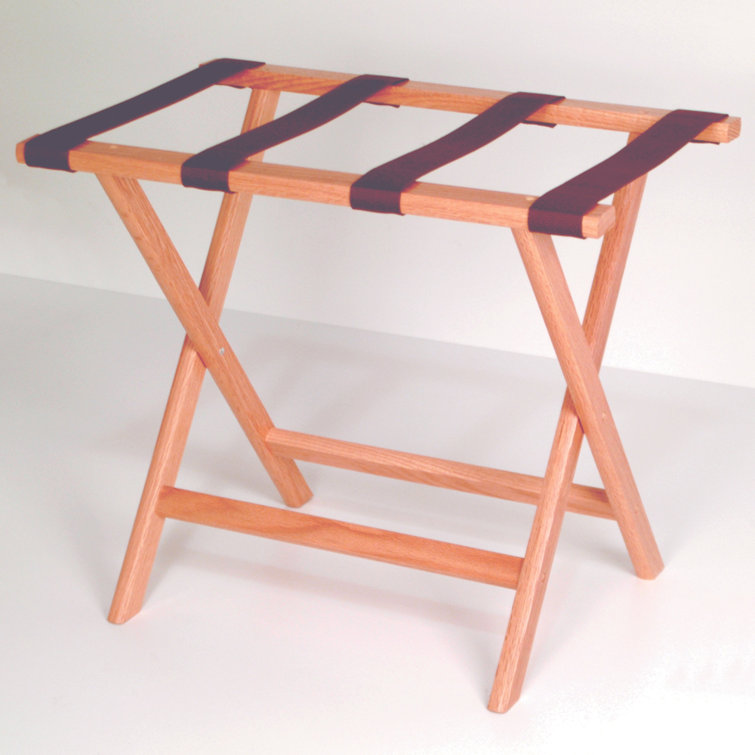 Mahogany Folding Solid Wood Luggage Rack with Brown Polyester Straps