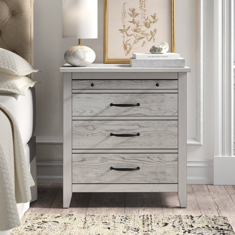 Transitional Gray 3-Drawer Nightstand with Pull-Out Tray