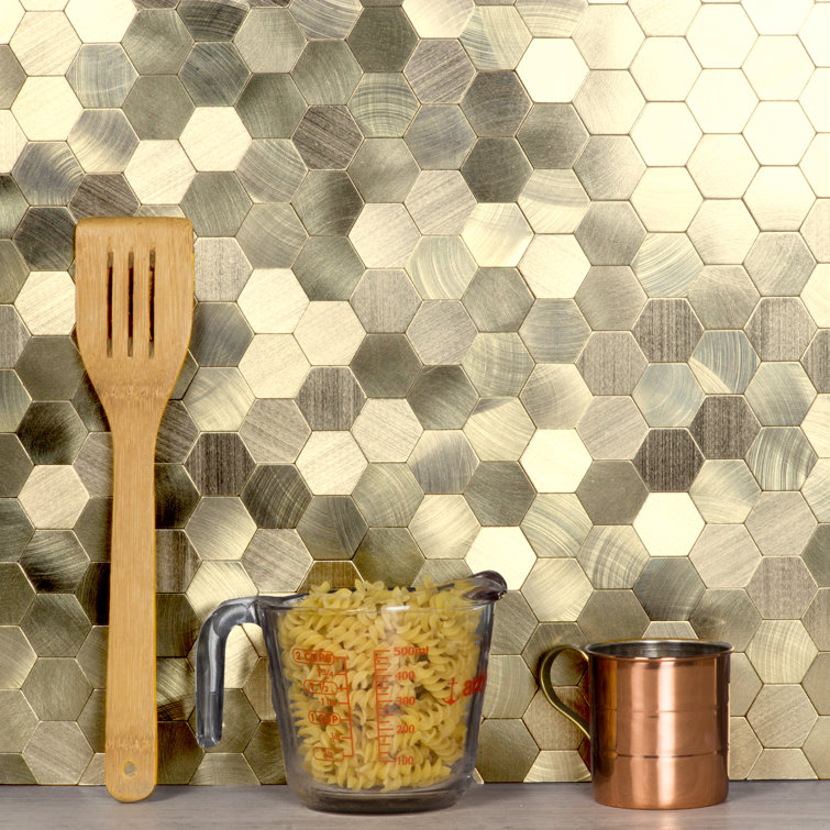 Gold Hexagonal Peel and Stick Metal Mosaic Tile Sheet
