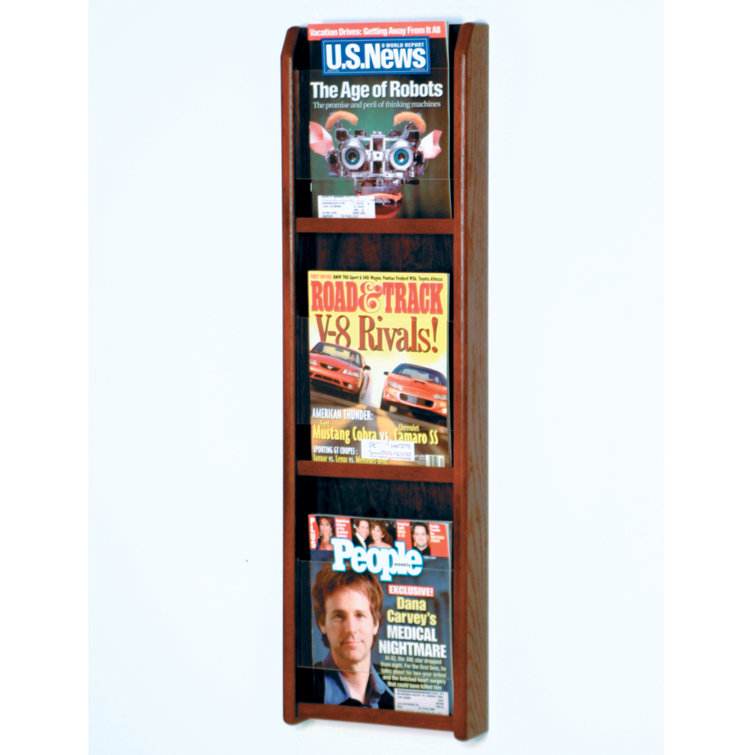 Mahogany Oak Wall Mounted Magazine Rack with Acrylic Panels