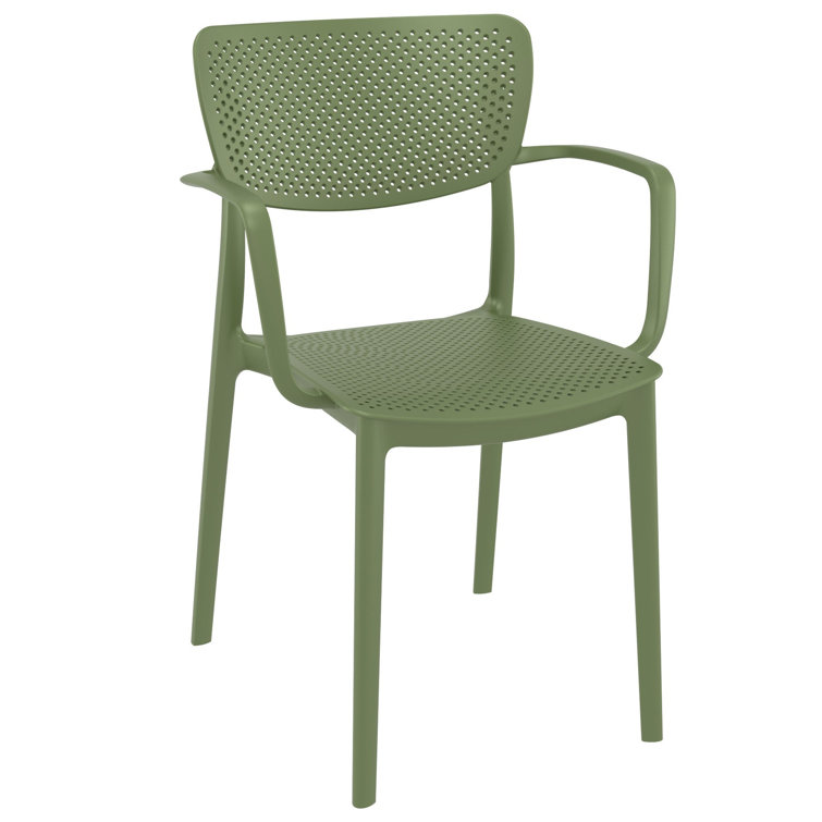 Olive Green Plastic Resin Stackable Outdoor Dining Chairs, Set of 2