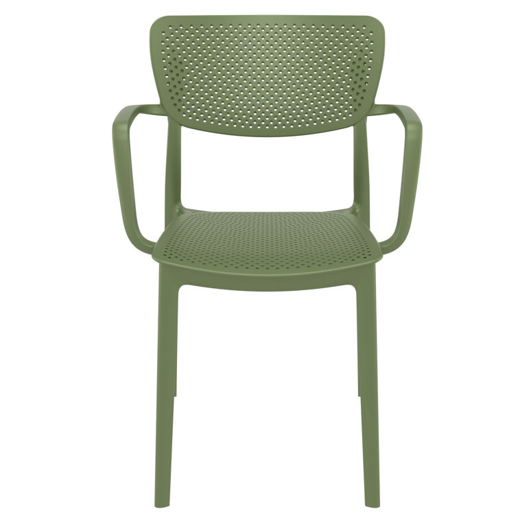 Olive Green Plastic Resin Stackable Outdoor Dining Chairs, Set of 2
