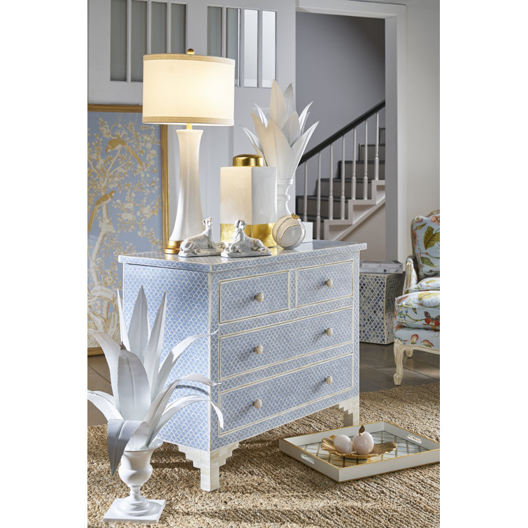 Coastal Elegance Blue and White Bone Inlay 4-Drawer Chest