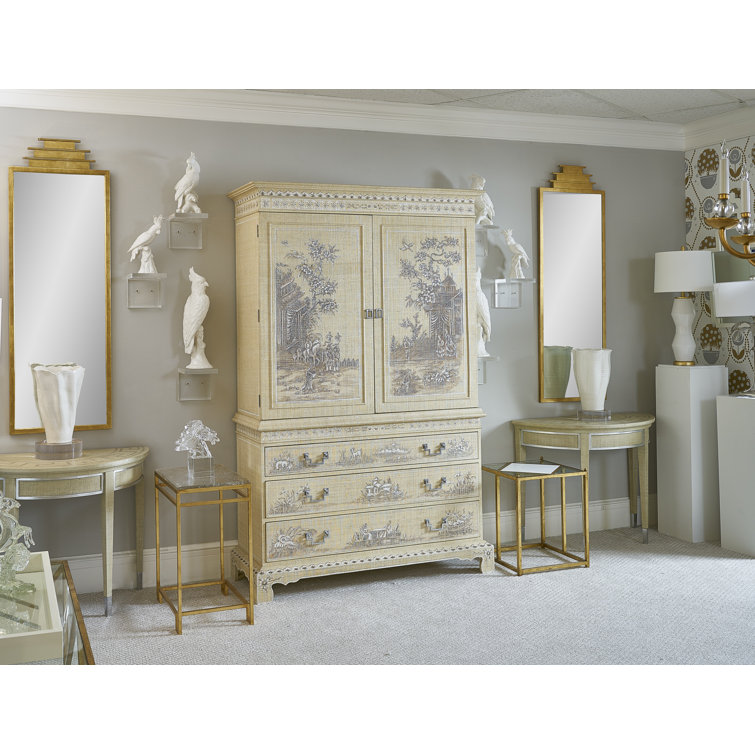 Elegant Greek Key 38'' Wood and Glass Demilune Console Table