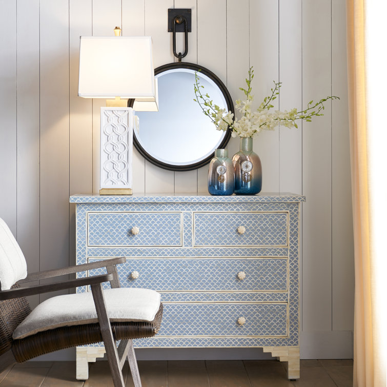 Coastal Elegance Blue and White Bone Inlay 4-Drawer Chest