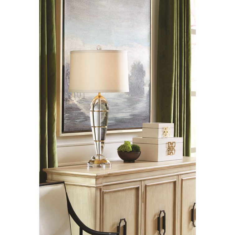 Clear Crystal and Brass Table Lamp with Off-White Silk Shade