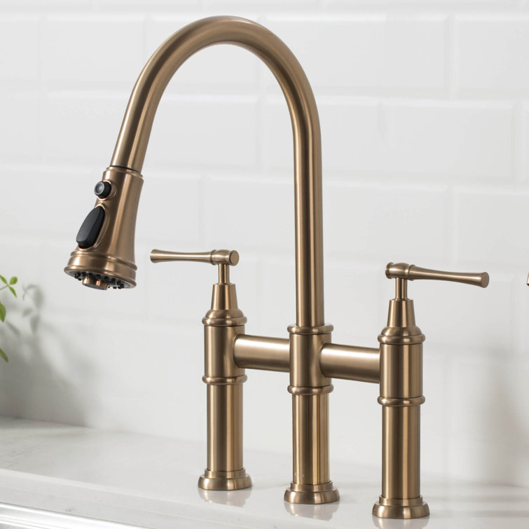 Brushed Gold Stainless Steel Bridge Kitchen Faucet with Pull-Down Sprayhead